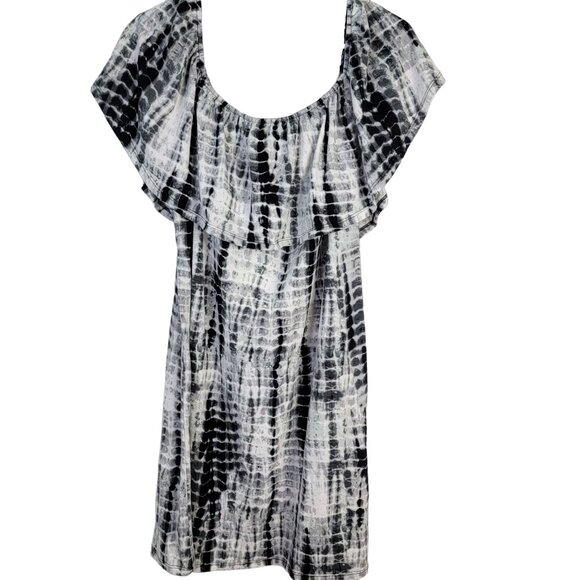 Tiered Knee Length Dress Women XL 14 Black White Scoop Neck Short Sleeve 16 Fall - Picture 8 of 12